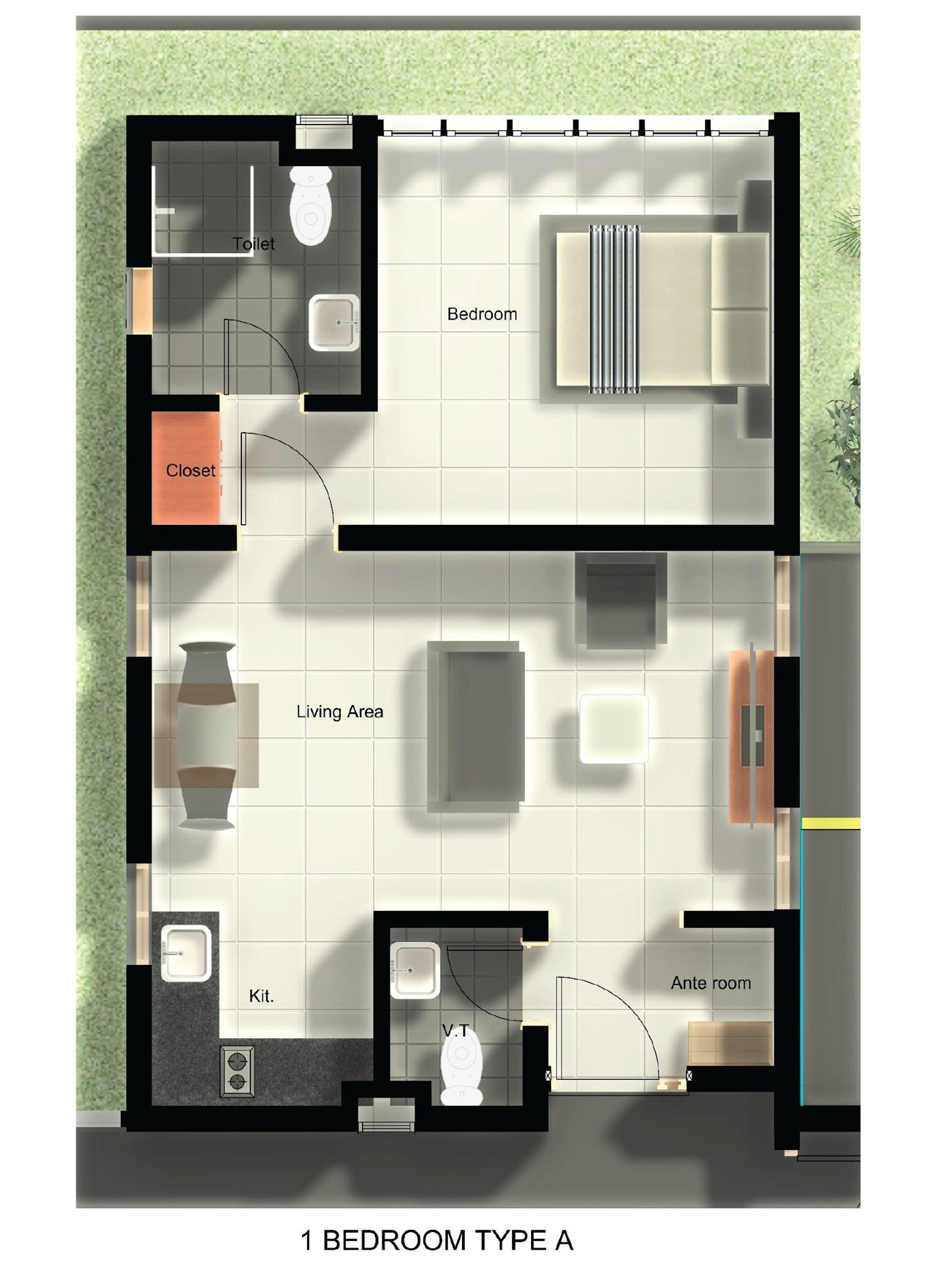One-bedroom Type A floor plan from the brochure