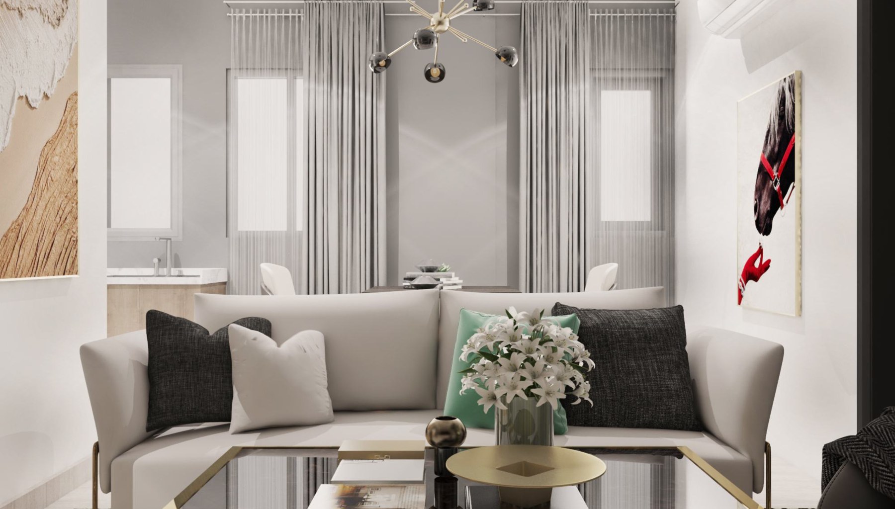Open living room architectural rendering